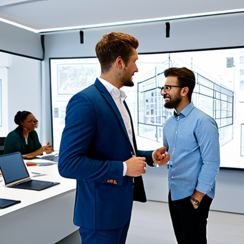 A diverse group of young adults, professionally dressed in modest business casual attire, actively collaborating around multiple large screens in a modern, bright co-working space. They are discussing strategies and pointing at detailed digital schematics of an intricate block-based architectural project displayed on the screens. The atmosphere is vibrant and innovative, emphasizing teamwork and digital creation. perfect anatomy, correct proportions, natural pose, well-formed hands, proper finger count, natural body proportions, fully clothed, appropriate attire, professional dress, safe for work, appropriate content, family-friendly.
