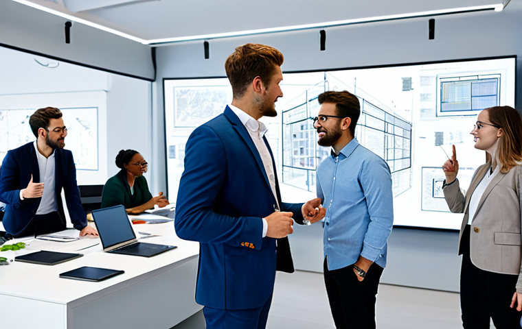 A diverse group of young adults, professionally dressed in modest business casual attire, actively collaborating around multiple large screens in a modern, bright co-working space. They are discussing strategies and pointing at detailed digital schematics of an intricate block-based architectural project displayed on the screens. The atmosphere is vibrant and innovative, emphasizing teamwork and digital creation. perfect anatomy, correct proportions, natural pose, well-formed hands, proper finger count, natural body proportions, fully clothed, appropriate attire, professional dress, safe for work, appropriate content, family-friendly.