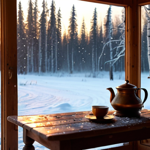 Home 21 **
"A cozy, snow-covered dacha in the Russian countryside at sunset. Warm light spills from the windows, illuminating the falling snowflakes. A samovar sits steaming on a wooden table on the porch. In the background, a birch forest is visible. Realistic, highly detailed, cinematic lighting, atmospheric, safe for work, appropriate content, fully clothed, professional, modest, family-friendly, perfect anatomy, correct proportions, natural pose, well-formed hands, proper finger count, natural body proportions."
**