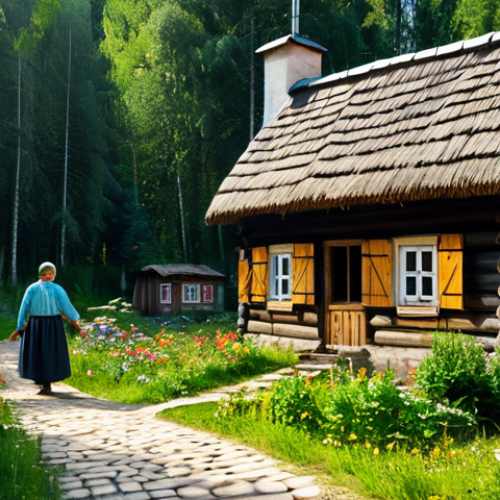 Home 20 **
"A charming, fully clothed villager tending a small garden outside a cozy wooden cottage in a lush Russian forest village. The cottage features a thatched roof and flower boxes on the windows. Soft, dappled sunlight filters through the trees. In the background, there are other quaint cottages and a winding stone path. Safe for work, appropriate content, professional, modest, perfect anatomy, natural proportions, high quality, fantasy illustration, serene atmosphere."
**