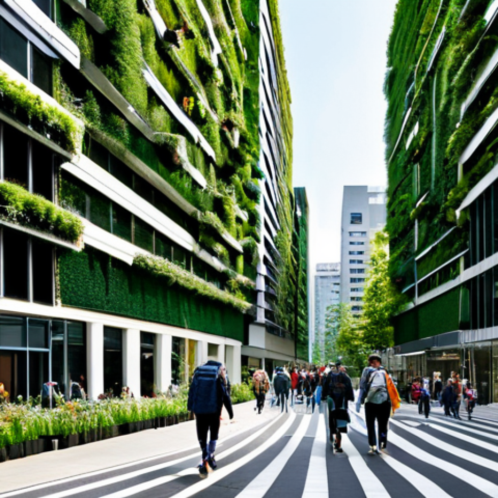 **

"A bustling city street scene during the day, featuring modern, eco-friendly architecture. Buildings are covered in vertical gardens and solar panels. People are walking and biking, all fully clothed in appropriate attire. Lush greenery is integrated throughout the urban landscape. Safe for work, appropriate content, fully clothed, professional photography, perfect anatomy, natural proportions, high quality, family-friendly."

**