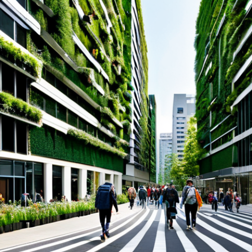 Home 9 **
"A bustling city street scene during the day, featuring modern, eco-friendly architecture. Buildings are covered in vertical gardens and solar panels. People are walking and biking, all fully clothed in appropriate attire. Lush greenery is integrated throughout the urban landscape. Safe for work, appropriate content, fully clothed, professional photography, perfect anatomy, natural proportions, high quality, family-friendly."
**