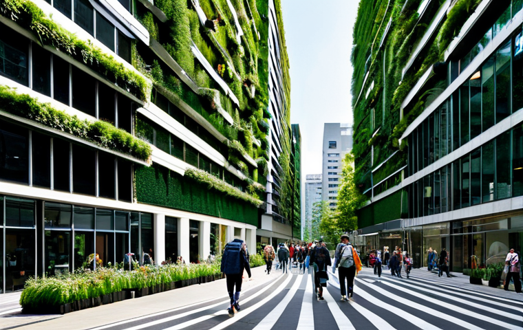 **

"A bustling city street scene during the day, featuring modern, eco-friendly architecture. Buildings are covered in vertical gardens and solar panels. People are walking and biking, all fully clothed in appropriate attire. Lush greenery is integrated throughout the urban landscape. Safe for work, appropriate content, fully clothed, professional photography, perfect anatomy, natural proportions, high quality, family-friendly."

**