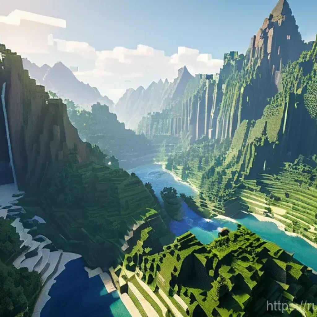 마인크래프트 월드 에디터 스크립트 - A sprawling, majestic Minecraft landscape generated by WorldEdit scripts, featuring towering fractal...