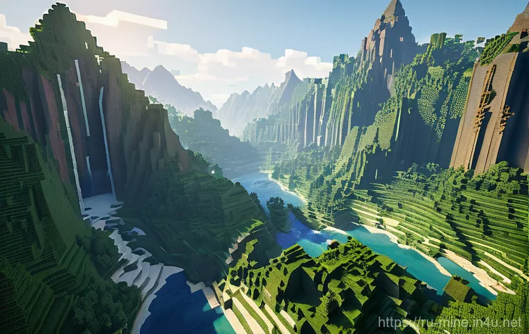 마인크래프트 월드 에디터 스크립트 - A sprawling, majestic Minecraft landscape generated by WorldEdit scripts, featuring towering fractal...