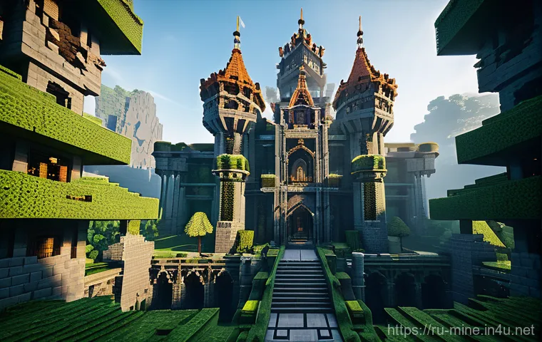 마인크래프트 월드 에디터 스크립트 - A sprawling, majestic Minecraft landscape generated by WorldEdit scripts, featuring towering fractal...